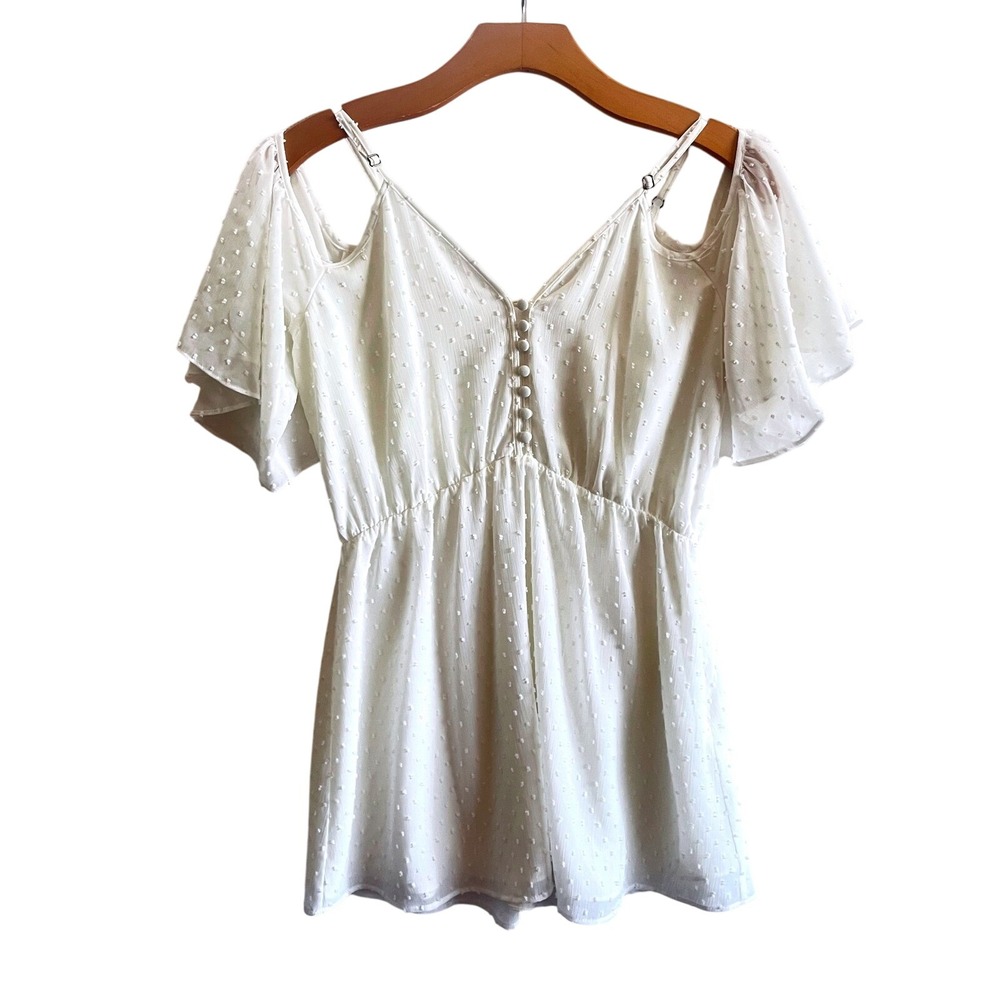 Ivory DR2 Off Shoulder Swiss Dot Boho Blouse Top Button Up Front Size Small -New